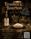 Promotional flyer for 'Brushes & Bourbon' event at Bogue Sound Distillery with a bottle of whiskey, duck decoy, and painting supplies.