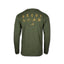 Back of olive green long sleeve t-shirt featuring graphic icons for wings, woods, water, and whiskey with DECOY logo above a canvasback decoy mark.