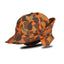 Side angle view of the Blaze Orange Camo Jones Hat with fold-down ear flap, designed for waterfowl hunters seeking safety and classic style.