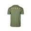 Back of olive green DECOY Wild Places T-shirt with outdoor hunting and fishing scenes in logo design