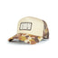 Hunt Camp Trucker Hat with beige foam front and faded FrogSkin camo bill and mesh, designed by DECOY Apparel