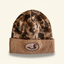 DECOY FrogSkin Camo knit toboggan beanie with tan cuff and oval duck patch on cream background