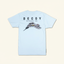 DECOY Pintail T-Shirt light blue colorway rear view with pintail duck in flight graphic on cream background