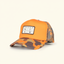 DECOY Hunt Camp Trucker Hat blaze orange with FrogSkin camo bill and DECOY patch on cream background