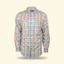DECOY Outer Banks Sport Shirt blue and orange plaid colorway front view on cream background