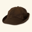 DECOY Waxed Canvas Jones Hat dark brown ear flaps up on cream background