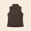 A dark brown diamond-quilted vest shown from the back, featuring a small black bird logo near the top center and two side flap pockets with gold-tone snaps, set against a solid cream background.