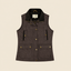 A dark brown quilted utility vest with a black corduroy collar, gold-tone snap buttons, and zippered pockets, displayed flat against a light beige background.