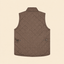 A brown diamond-quilted puffer vest shown from the back, featuring a collar and two buttoned flap pockets near the lower sides, set against a solid light beige background.